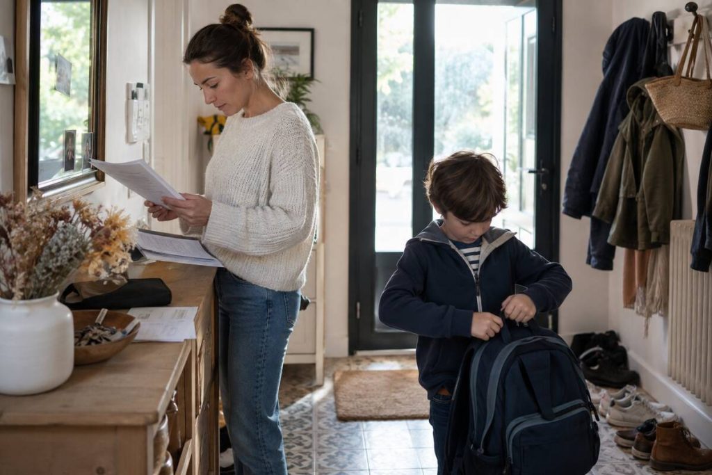 Un enfant avec sa mère dans un couloir